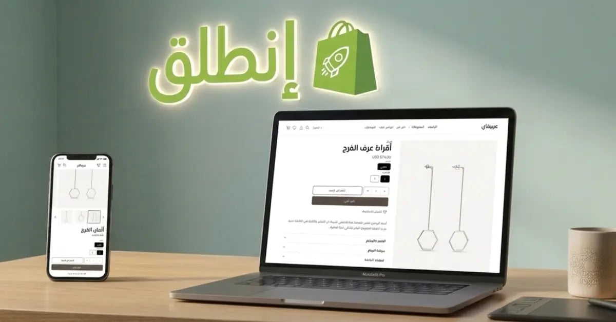واجهة متجر شوبيفاي عربي احترافي تدعم RTL مع قالب عربيفاي على أجهزة اللابتوب والجوال.